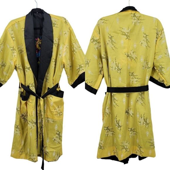Reversible Kimono Robe L Black Embroidered Dragon Yellow Floral Asian Unisex - Picture 3 of 16
